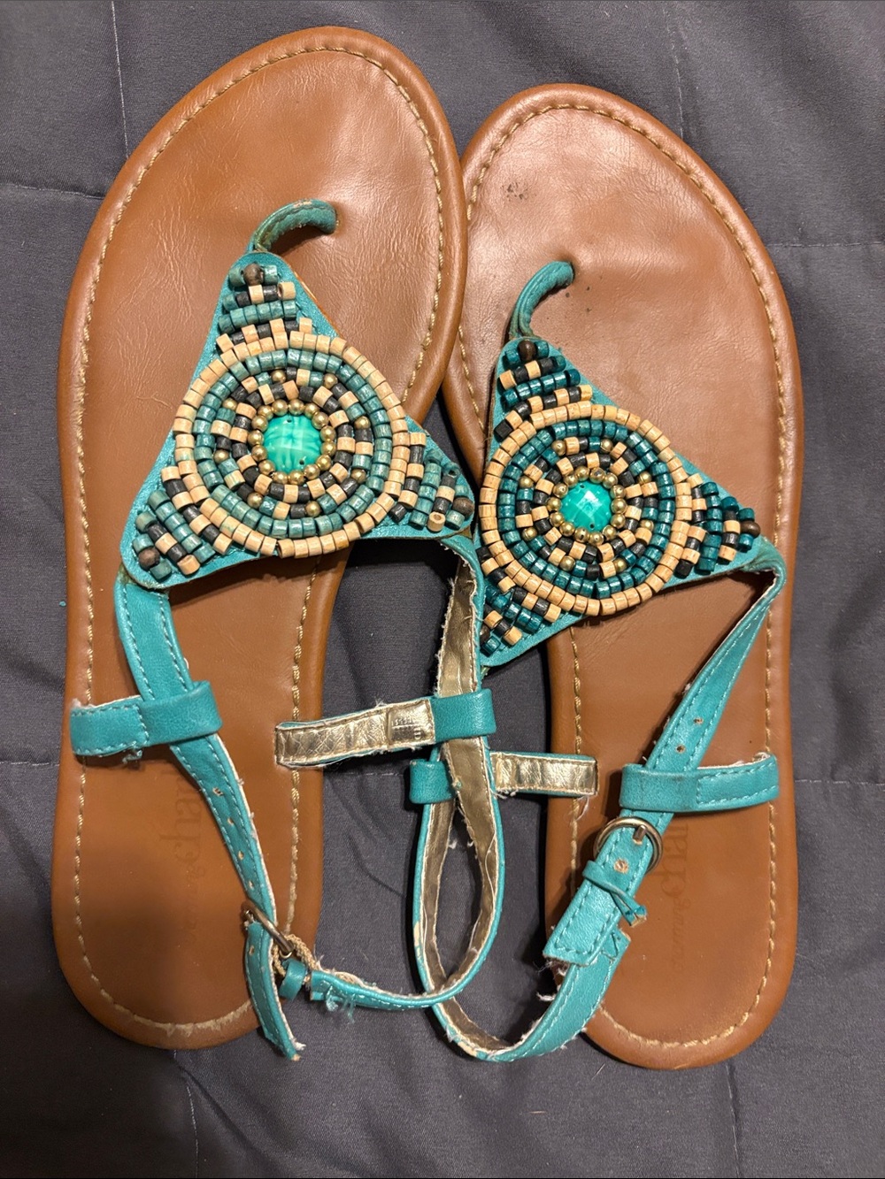 Charming Charlie Turquoise Beaded T-strap Sandals with Gold Accents
